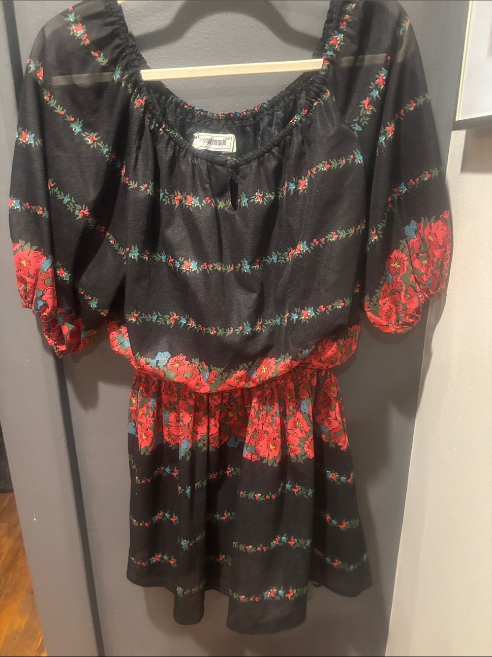 Vintage Floral Off-Shoulder Black Mini Dress